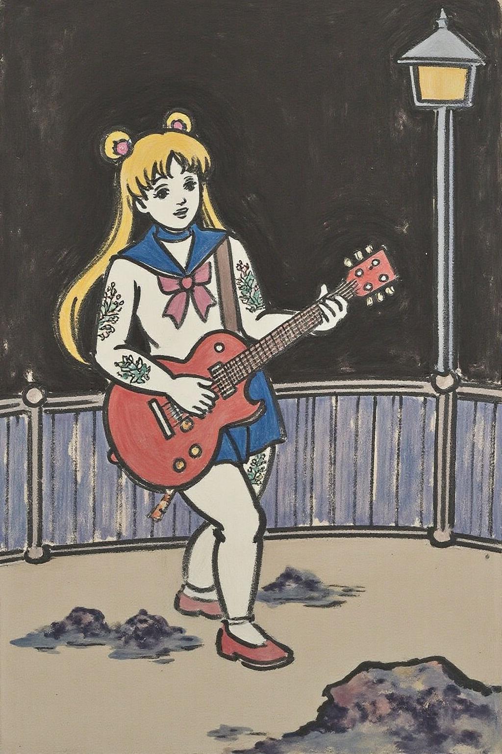 fzk1 ink painting. punk sailor moon playing a guitar at a heavy metal mosh pit, tattoos, piercing. <lora:fzk2_nocap_d6a3:1.0><lora:815029246528349055:0>