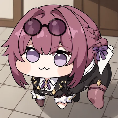 score_9, score_7_up BREAK solo,doro,creature, :3, chibi,no humans, four legs, solid circle eyes, no pupils, white skin, kafkapd, no pupils, bangs, purple hair, purple eyes, eyewear on head, collared shirt, gloves, jacket, pantyhose,asymmetrical legwear,single thigh boot,black shorts <lora:kafka_pd_t4:0.8> <lora:Doro_X_PDXL_V1:1.1>