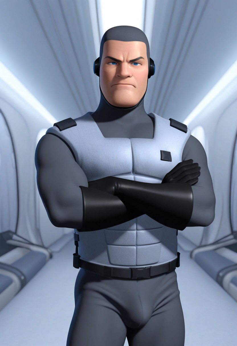 score_9, score_8_up, score_7_up, score_6_up, perfect anatomy, perfect proportions, best quality, masterpiece, high_resolution, high quality, best aesthetic, incredibly absurdres, concept art, digital art, realistic, highres, extremely detailed, huge filesize, mature, masculine, handsome, charming, seductive, male focus, arms crossed around chest, 1boy, solo male, futuristic security guard, grey spandex-like head and forehead cover, covered forehead, blue eyes, angry expression, grey chin strap, tight-fitting grey bodysuit, light grey vest, long sleeves, reinforced shoulder padding, black circle-shaped chest insignia, dark grey elbow-length gloves, minimalistic sci-fi design, animation-style rendering, medical bay, white and silver sterile room, curved futuristic beds, monitoring equipment, glowing soft lights, clean surfaces, cinematic lighting, portrait, view from waist up