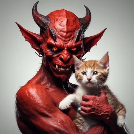 A red demon holding a kitten