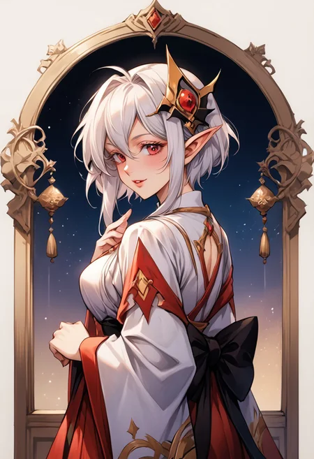 score_9, score_8_up, score_7_up, score_6_up, score_5_up, score_4_up, detailed, intricate details, source_anime, (1_girl, solo focus), zerida-dark, 1girl, solo, short hair, sidelocks, breasts, parted lips, bangs, large breasts, hair ornament, red eyes, , White Eyelashes, , hair between eyes, , White Hair, , pointy ears, elf, Eyelashes, Colored Eyelashes, White colored eyelashes, Colored Eyebrows, short hair with long locks   shiny skin, white kimono, floral print, red kimono, back bow, from side, praying, standing, smile, blush, head tilt, looking at viewer, night, nighttime, east asian architecture, dark room, bedroom, traditional bedroom, window, wooden floor, dimly lit, (Beautiful, medium Breasts:1.2), natural breasts,<lora:add-detail-xl:1.0> ,(((feminine bodies))),(((perfect anatomy))), (((correct arms))), (((correct hands))), detailed eyes、detailed face and detailed skin <lora:add-detail-xl:1.0>