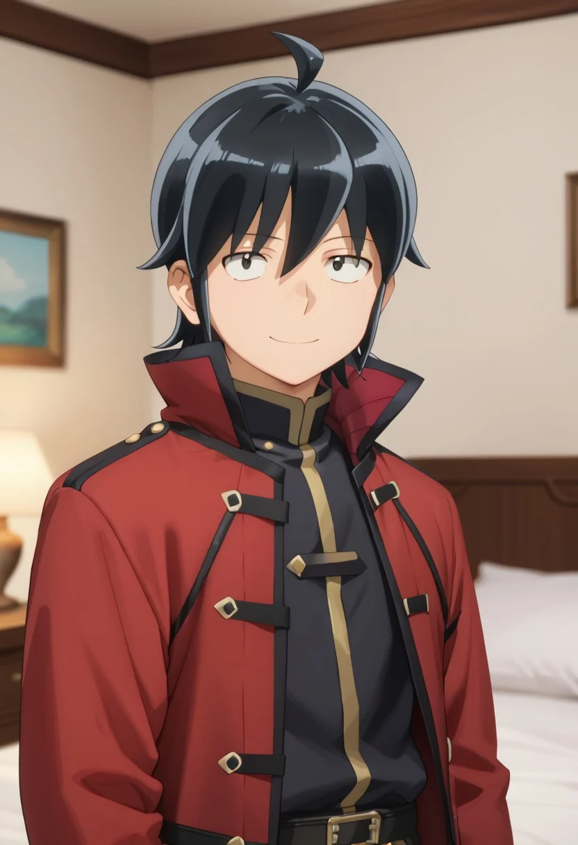 score_9, score_8_up, score_7_up, masterpiece, 1boy, smiling, bedroom, solo male, solo focus, looking at viewer,Makoto, black eyes, black hair, ahoge, red coat, long sleeves,