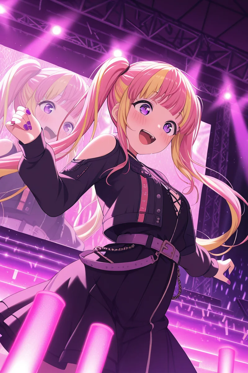 masterpiece, best quality, amazing quality,
<lora:PAREO_IL:1> pareo, 1girl, twintails, long hair, smile, multicolored hair, open mouth, blonde hair, solo, stage, purple eyes, nail polish, bangs, pink hair, glowstick, belt, concert, blush
