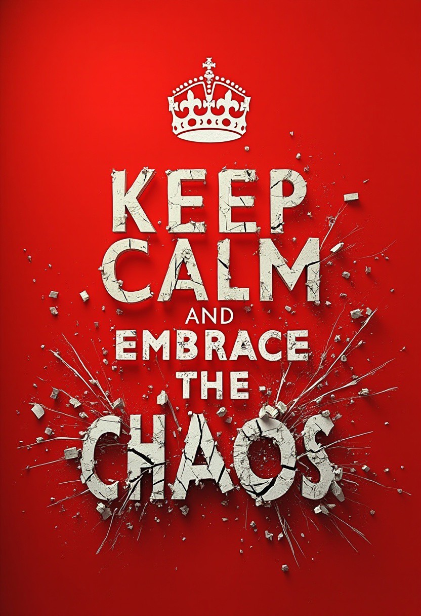 The image is a classic 'Keep Calm and Carpe Diem' poster with a red background and crisp white text. The text reads: 'KEEP CALM' and 'EMBRACE THE CHAOS' with an iconic crown symbol at the top. As the viewer reaches the lower half of the poster where 'EMBRACE THE CHAOS' is written, the background cracks and splinters, as if being torn apart by chaotic forces. Letters in 'EMBRACE THE CHAOS' are violently pulled in different directions, some shattering, others crumbling, while swirling debris and fractures surround the area, creating a powerful visual of impending disorder.