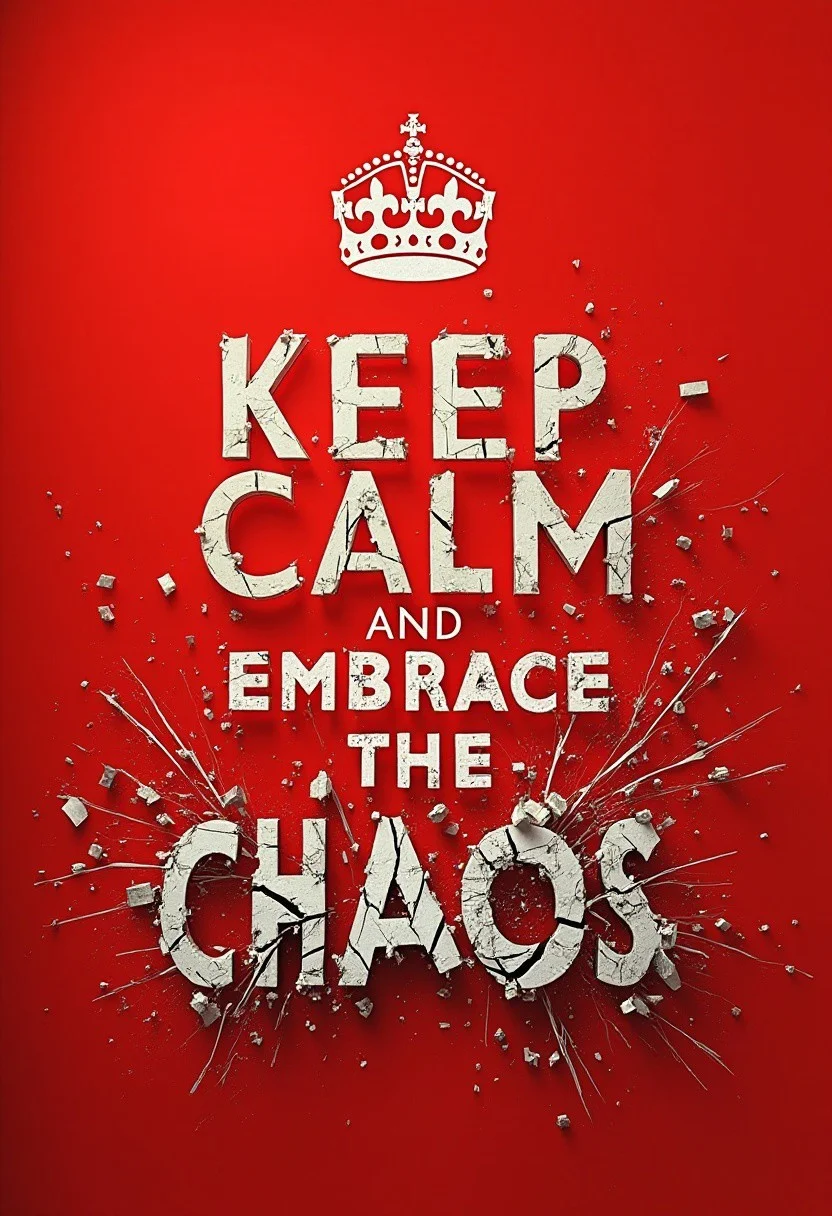 The image is a classic 'Keep Calm and Carpe Diem' poster with a red background and crisp white text. The text reads: 'KEEP CALM' and 'EMBRACE THE CHAOS' with an iconic crown symbol at the top. As the viewer reaches the lower half of the poster where 'EMBRACE THE CHAOS' is written, the background cracks and splinters, as if being torn apart by chaotic forces. Letters in 'EMBRACE THE CHAOS' are violently pulled in different directions, some shattering, others crumbling, while swirling debris and fractures surround the area, creating a powerful visual of impending disorder.