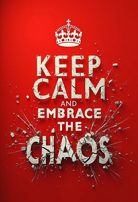 The image is a classic 'Keep Calm and Carpe Diem' poster with a red background and crisp white text. The text reads: 'KEEP CALM' and 'EMBRACE THE CHAOS' with an iconic crown symbol at the top. As the viewer reaches the lower half of the poster where 'EMBRACE THE CHAOS' is written, the background cracks and splinters, as if being torn apart by chaotic forces. Letters in 'EMBRACE THE CHAOS' are violently pulled in different directions, some shattering, others crumbling, while swirling debris and fractures surround the area, creating a powerful visual of impending disorder.