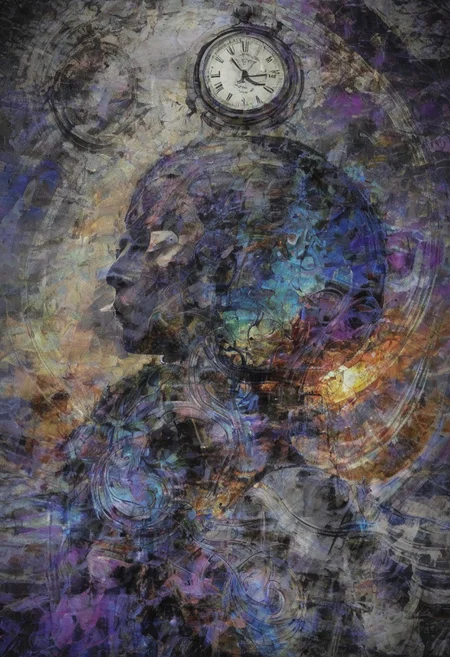 a world inside me, street, iridescent, gem, epic fantasy, dark fantasy, gritty, real, graffiti, long hair, (((silhouette))), expressionism art, fractals, stopwatch, deep purple and gray, at dusk, cinecolor, (dimmed colors:1.1), hdr, mentixis, linquivera