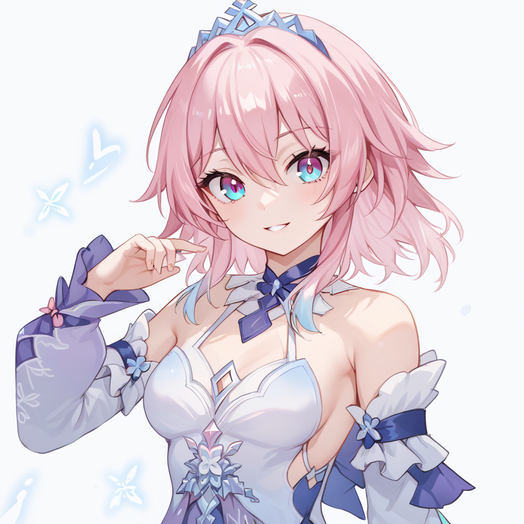 score_9, score_8_up, score_7_up, simple background, light smile,
1girl, march7thdress, pink hair, bare shoulders, detached sleeves, 
<lora:march7th_dress_pony_v2:1>