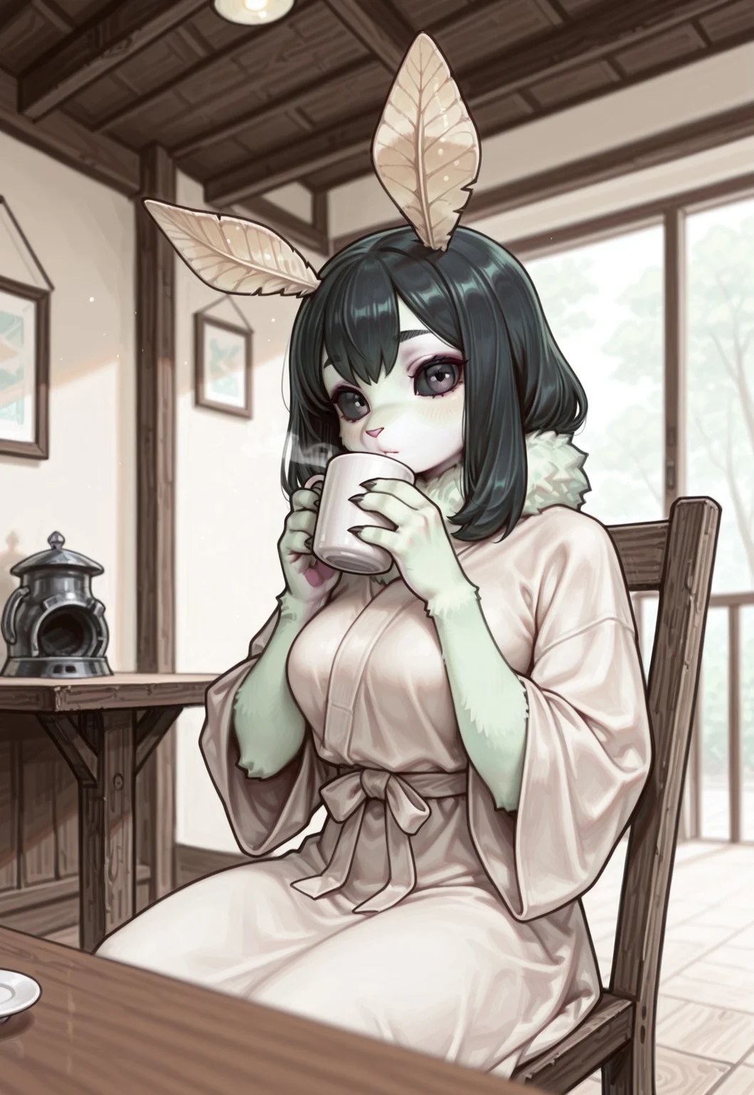 masterpiece, best quality, good quality, very awa, newest, highres, absurdres, highres, very aesthetic, (furry:1.5), fur, fur covered, (no humans:1.3),
BREAK,
1girl, female anthro moth, moth girl, moth wings, moth antennae, fluffy green fur, light green fur, short black hair, bright theme, claws, thin, thin limbs, looking at viewer, sitting, sitting on chair, holding coffee, simple robe, no sleeves, light yellow clothing, medium breasts, looking at viewer, sipping coffee,
BREAK, indoors, cafe, modern setting, wood tables, blurry foreground, blurry background, well lit, perspective, evocative composition, cool color theme, depth of field