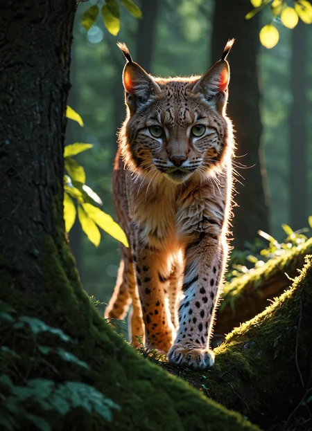 Volumetric Lighting, Vibrant Rim Light, cinematic photo Lynx stalking its prey, front view, front facing, stealthy, forest background, dof, award winning wildlife photography, photorealistic, 8k, highly detailed, anatomically correct, legs render, low angle, 70mm, 16 megapixels, natural light --ar 9:16 <lora:sss:0.8> <lora:Bio-Luminescence:0.35> bioluminescent, glowing, neon pink <lora:add-detail-xl:1> <lora:sdxl:0.58>, 35mm photograph, film, bokeh, professional, 4k, highly detailed, subsurface scattering, Photorealistic, Hyperrealistic, analog style, realistic, film photography, soft lighting, heavy shadow, bright rim light, high contrast, bold edge light, light depth, dramatic atmospheric lighting, Volumetric Lighting
