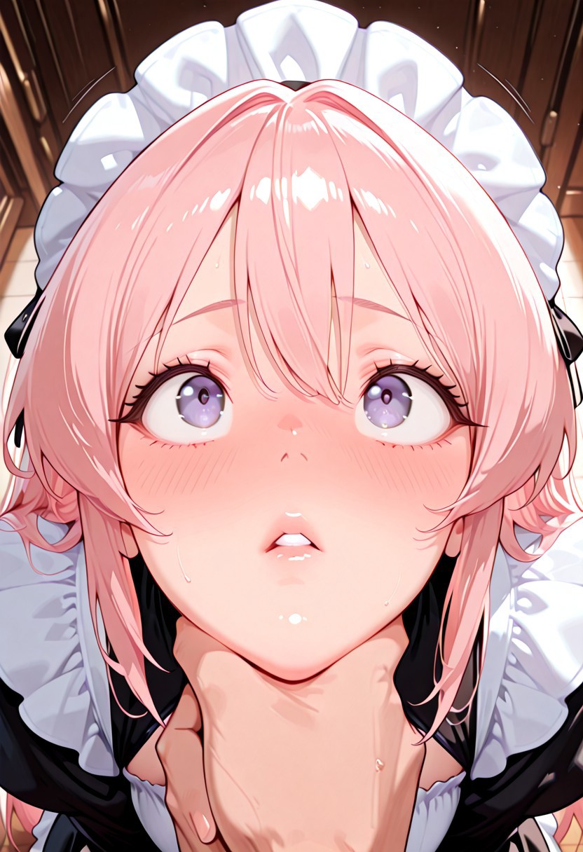 unholy-aesthetic, 1girl/1boy, general, solo, CivChan, lips parted, deep blush, top view, looking up at viewer, POV, chin hold, holding arms, masterpiece