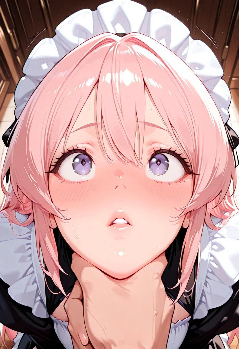 unholy-aesthetic, 1girl/1boy, general, solo, CivChan, lips parted, deep blush, top view, looking up at viewer, POV, chin hold, holding arms, masterpiece