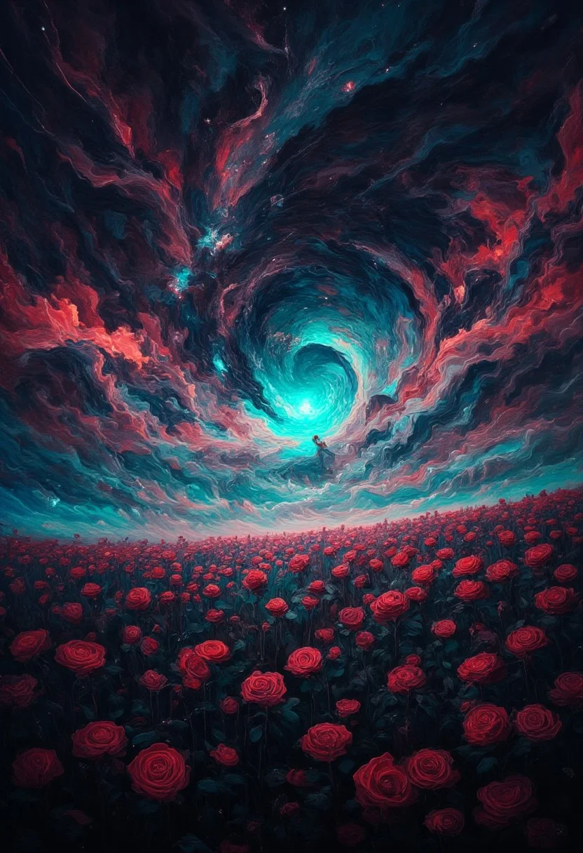 A field full of black roses during a novaburst with the sky lit up in red and teals, Stars and a nebula shining through, DB4RZ, DB4RZ style painting