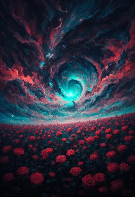 A field full of black roses during a novaburst with the sky lit up in red and teals, Stars and a nebula shining through, DB4RZ, DB4RZ style painting
