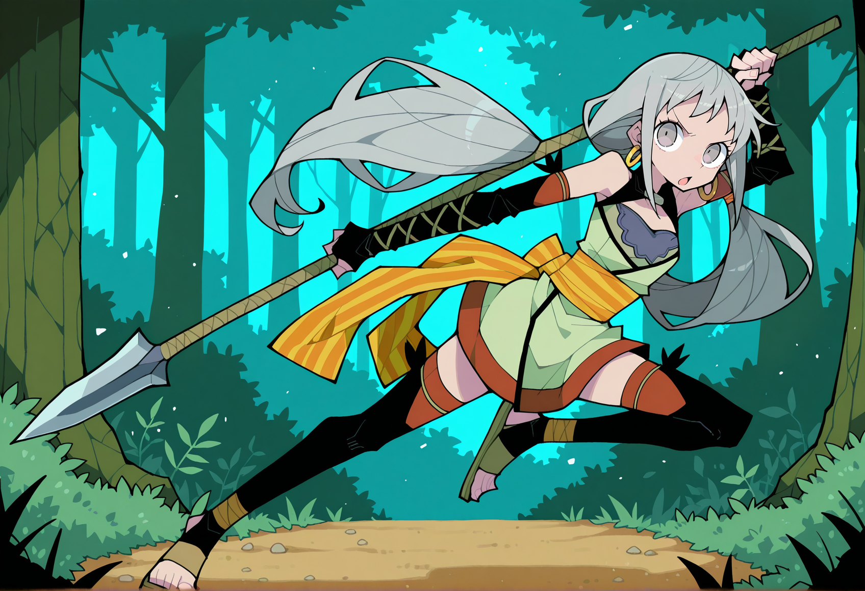 dowman sayman, skinny, 1girl, solo, long hair, low twintails, grey hair, grey eyes, hoop earrings, short dress, detached sleeves, fingerless gloves, sash, thighhighs, toeless legwear, sandals, outdoors, forest, serious, chestnut mouth, holding spear, on one leg, dynamic pose, looking at viewer, <lora:Marica_tierkreis_illus:1>, masterpiece, best quality, amazing quality, very aesthetic, absurdres, highres, newest