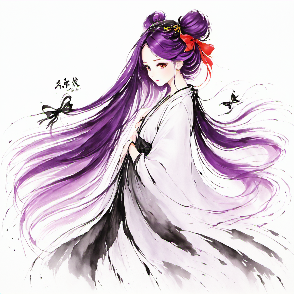 <lora:C_Freehand_Brushwork-000010:1> moona hoshinova, 1girl, virtual youtuber, solo, jewelry, earrings, colored inner hair, multicolored hair, purple hair, long hair, breasts, blonde hair, smile, purple eyes, ponytail, white background, detached sleeves, looking at viewer, hair ornament, floating hair, two-tone hair, large breasts, looking back, very long hair, yellow eyes, hair between eyes, multicolored eyes, bow, gradient hair, hair bow, simple background, bangs