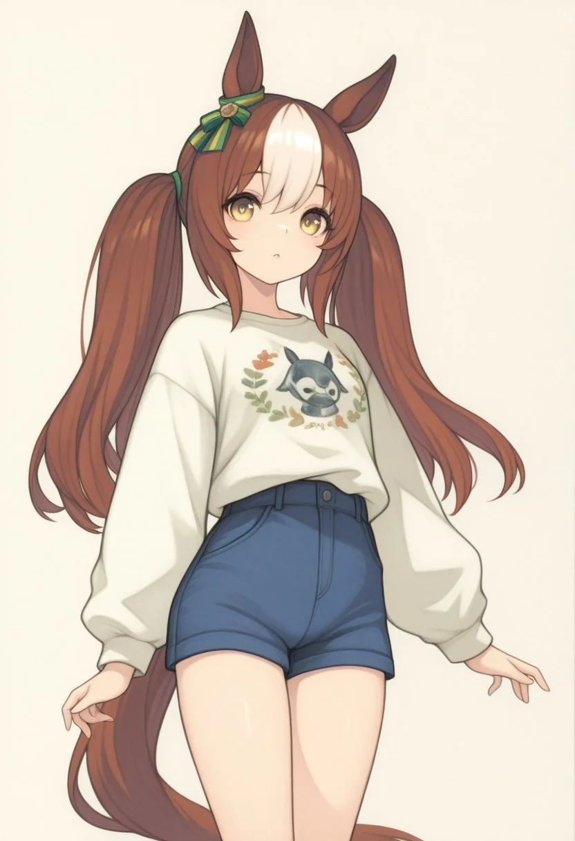 masterpiece, painting \(medium\), best quality, absurdres, newest, very aesthetic, amazing quality, highres,
BREAK,
1girl, solo, animal ears, horse ears, horse girl, brown hair, long hair, horse tail, tail, multicolored hair, looking at viewer, shorts, long sleeves, simple background, twintails, shirt
BREAK,
kemonomimi mode, HR-Illu