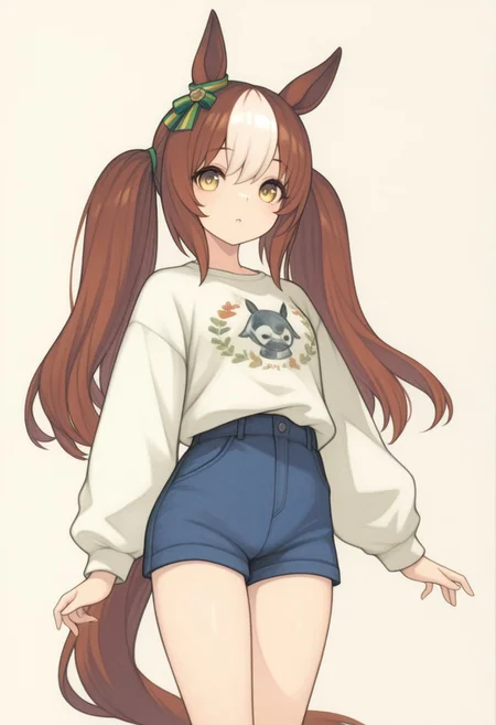 masterpiece, painting \(medium\), best quality, absurdres, newest, very aesthetic, amazing quality, highres,
BREAK,
1girl, solo, animal ears, horse ears, horse girl, brown hair, long hair, horse tail, tail, multicolored hair, looking at viewer, shorts, long sleeves, simple background, twintails, shirt
BREAK,
kemonomimi mode, HR-Illu