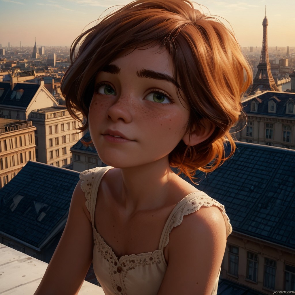 score_9, score_8_up, score_7_up, score_6_up, score_5_up, score_4_up, rating_safe, Félicie, sitting on a rooftop, paris, freckles, freckled chest, portrait
