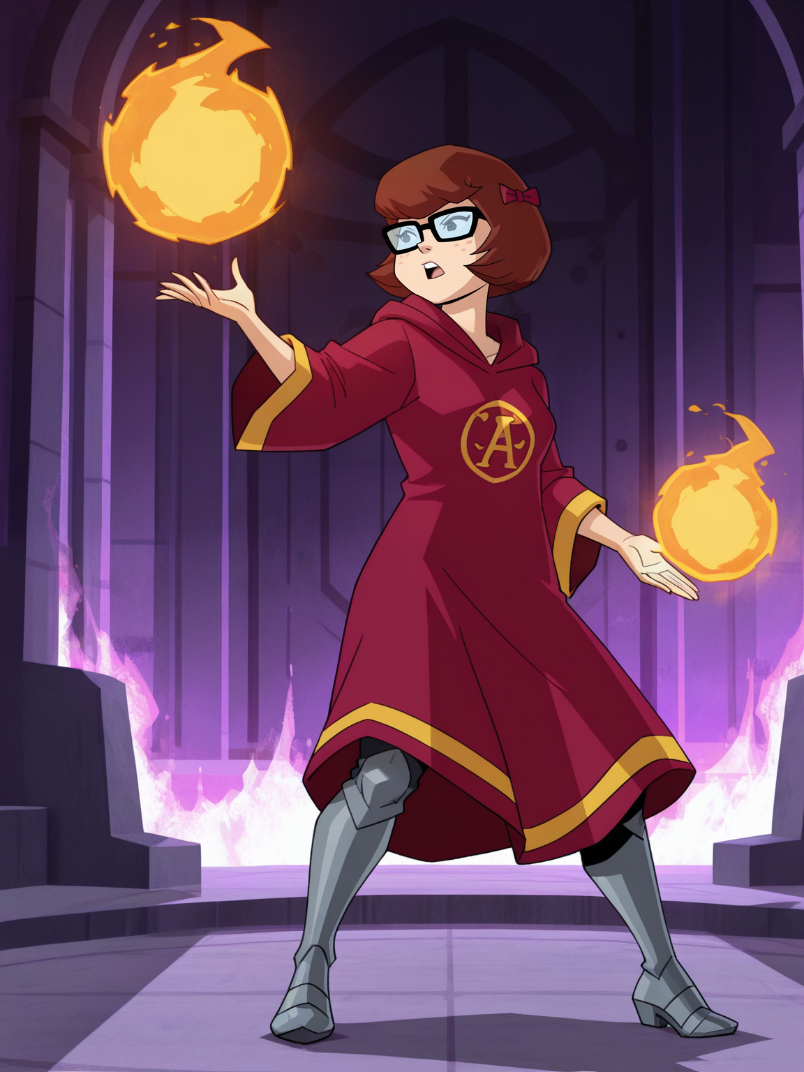 <lora:VelmaIL:0.8> ve_ma, 1girl, black eyes, bob hair, auburn hair, small red bows on hair, thick-framed square glasses, freckles,
magic, magic robe, steel armor,glowing liens, fireball, action, full body, glowing background, magic background