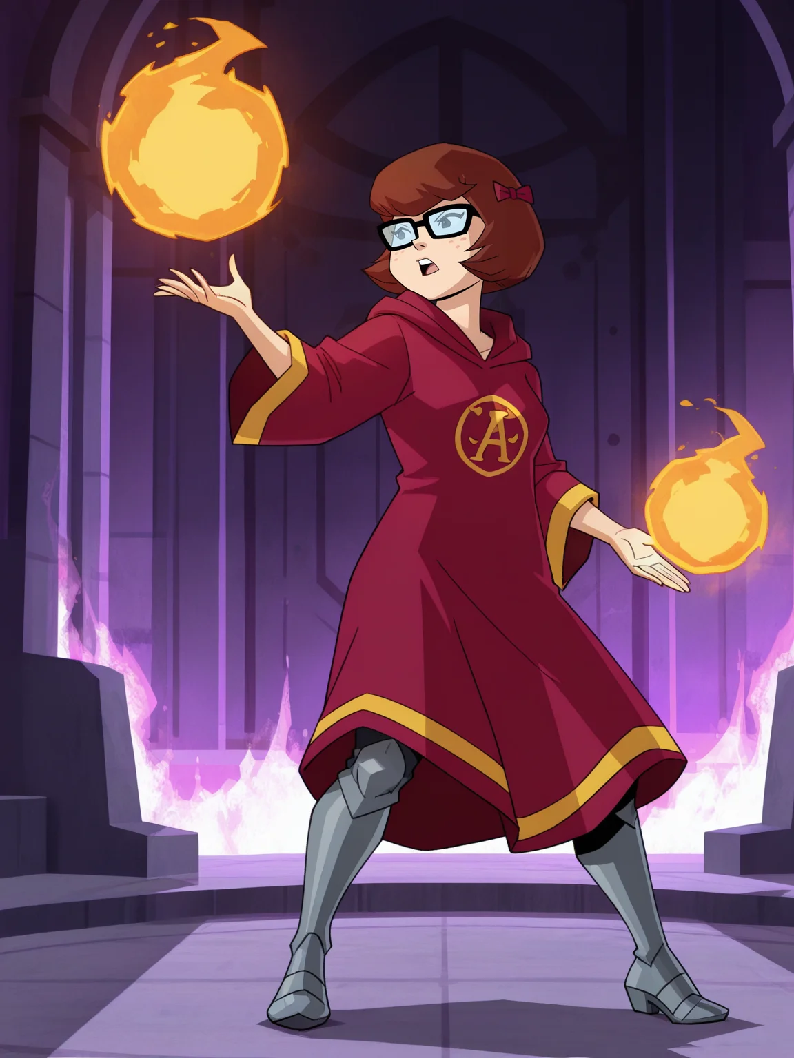 <lora:VelmaIL:0.8> ve_ma, 1girl, black eyes, bob hair, auburn hair, small red bows on hair, thick-framed square glasses, freckles,
magic, magic robe, steel armor,glowing liens, fireball, action, full body, glowing background, magic background