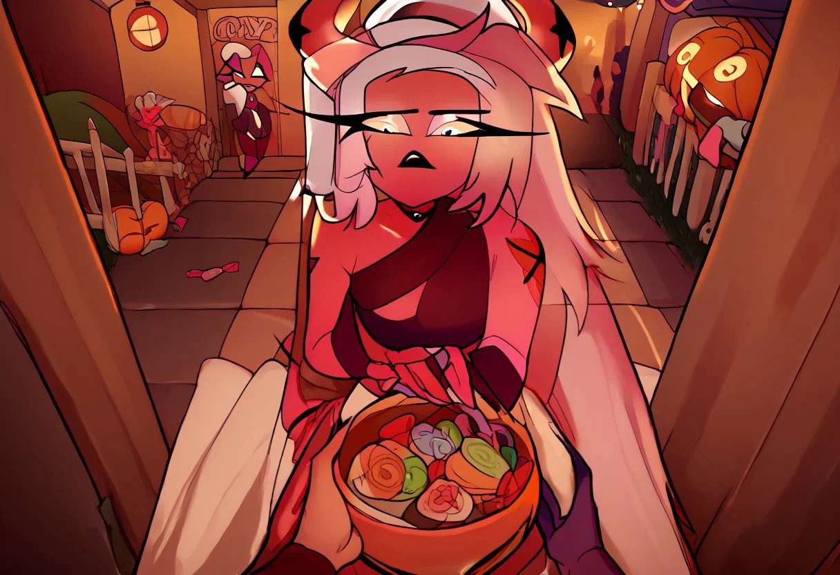 score_9, score_8_up, score_7_up, 1girl, tr1ck0rtr3at, holding, halloween bucket, doorway, door, street background, halloween costume. witch, candies. night, halloween, pov, hand, Verosika apology tour, VerosikaMayday, VerosikaApologytour