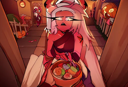 score_9, score_8_up, score_7_up, 1girl, tr1ck0rtr3at, holding, halloween bucket, doorway, door, street background, halloween costume. witch, candies. night, halloween, pov, hand, Verosika apology tour, VerosikaMayday, VerosikaApologytour