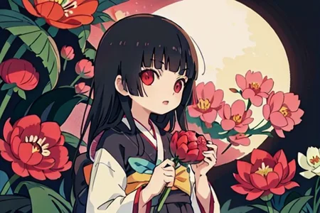 enma ai, hair down, hair black, bangs, eyes red, masterpiece, best quality, ultra-detailed, illustration, 1girl, solo, highres, photorealistic, ultra high res, (Original illustration composition), (fusion of limited color, Maximalism artstyle, kimono obi fashion, double exposure, background, illustration, Amazing, lily spider, night darkness, open one's mouth, finger, flowers red, (polychromatic peony:1.15), Movie poster,