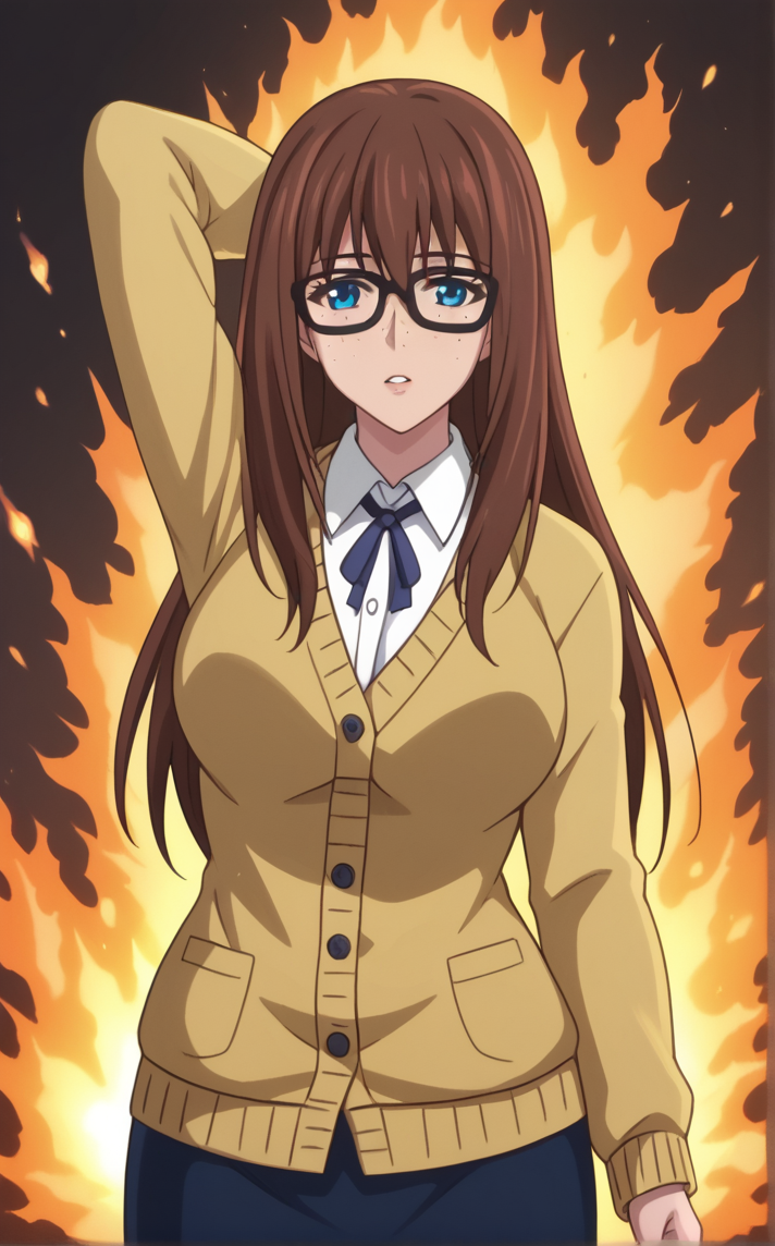 score_9, score_8_up, score_7_up, 1girl, arm behind head, explosion, fire, flame, pyrokinesis, looking at viewer, parted lips, magic, arm up,  <lora:PONYXL_YukuhashiRena_SimpleYetSexy_ownwaifu:1>, BREAK YellowSweater_YukuhashiRena_ownwaifu, 1girl, brown hair, long hair, glasses, black-framed eyewear, blue eyes, freckles, cardigan, white shirt, collared shirt, sweater, long sleeves, neck ribbon, yellow sweater, hair between eyes, shirt, skirt, opaque glasses, yellow cardigan, necktie, breasts, blue ribbon, blue skirt, large breasts, pencil skirt, dress shirt, <lora:add-detail-xl:0.15>,
