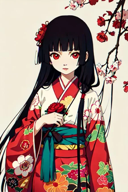 enma ai, hair down, hair black, bangs, eyes red, masterpiece, best quality, ultra-detailed, illustration, 1girl, solo, highres, photorealistic, ultra high res, (Original illustration composition), (fusion of limited color,Maximalism artstyle, kimono obi fashion, double exposure, background, illustration, Amazing, lily spider, night darkness, open one's mouth, fingers, bouquet flowers red, low twintails, (polychromatic peony:1.15), Movie poster,