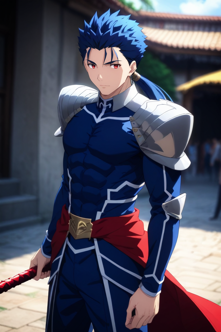 score_9, score_8_up, score_7_up, source_anime, rating_safe, intricate details, , , , depth of field, 1boy, solo, male focus, <lora:lancer_fsn_pony:0.92>, lancer_fsn, blue hair, red eyes, long hair, ponytail, spiked hair, , , armor, , pauldrons, weapon, polearm, , , , , carnival costume, The City of Glas, Sitting crossed-legged, relaxed, <lora:sdxl_lightning_8step_lora:1>