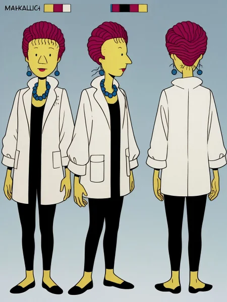 zpdxl3, 1girl, <lora:msKlotzTV_PDXL:0.75> msklotztv, short slicked back hair, earrings, pearl necklace, black tank top, white jacket, leggings, black flats, <lora:ModelSheetPONYMIDDV2:1> model sheet, front view, side view, back view, multiple views,