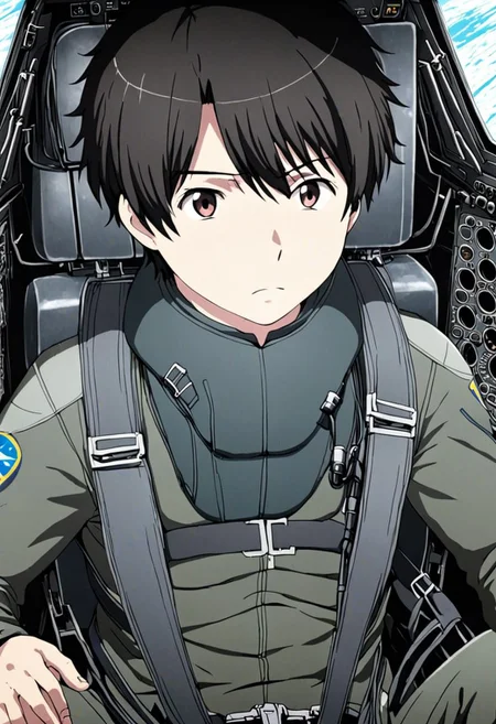 high resolution, solo, best quality, 1Boy, Inaho Kaizuka, Black Hair, Pilot, Cockpit, Jet Fighter, OverallDetail