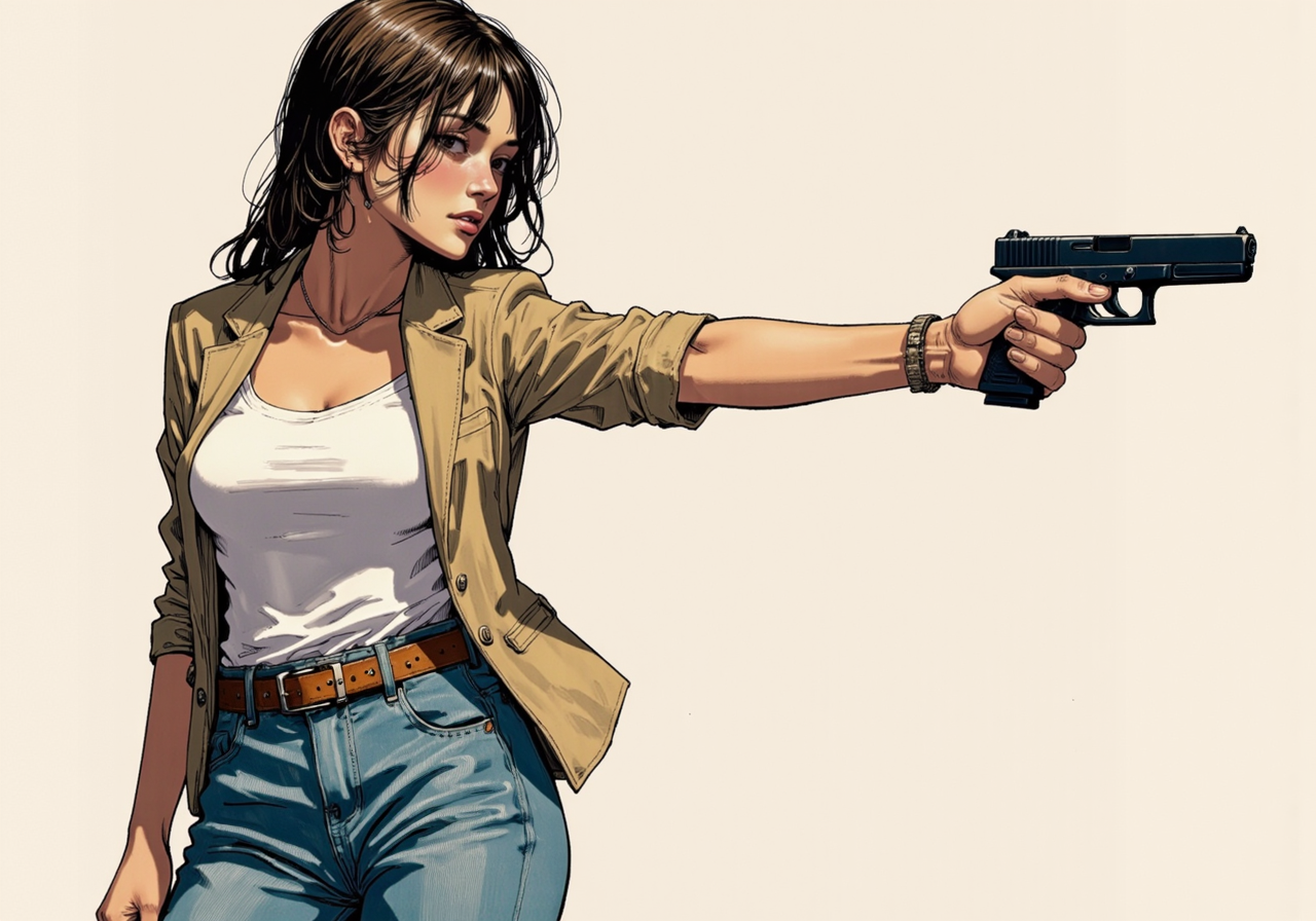 detailed digital illustration of a preppy young woman aiming G17Model glock handgun, wearing linen blazer, white t-shirt, cuffed jeans, detailed background, Colored JJK Manga Style, (Mangaka style:0.5)<lora:Jujutsu_Kasien_Colored_Manga-000001.safetensors:1.0:1.0> <lora:Glock (G17)_epoch_12.safetensors:1:1> <lora:Mangaka V2.safetensors:0.5:0.5>