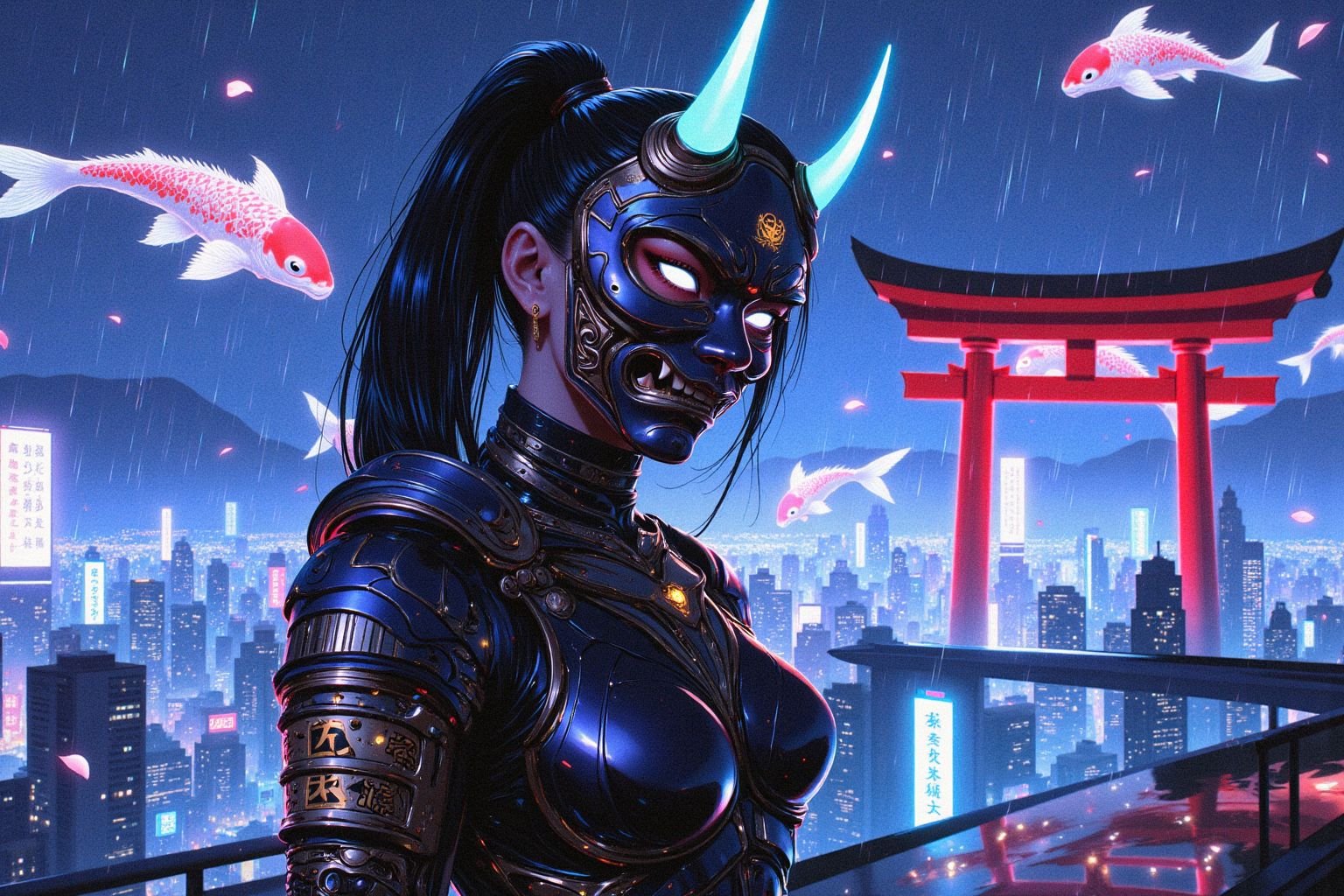 A breathtaking, ultra-detailed close-up of a cyberpunk kunoichi with striking, glowing white eyes, their eerie radiance resembling the hypnotic shimmer of a neon-lit Tokyo night. Her flawless, porcelain-like face is an exquisite blend of **beauty and danger**, framed by sleek, electric-blue hair flowing into an elegant high ponytail. She gazes directly at the viewer with an intense, almost hypnotic expression, exuding confidence and mystery.  

A large, intricately designed **hannya mask** rests on the side of her head, covering half of her face. Its digital surface flickers between transparency and a menacing demonic visage, shifting between ancient folklore and futuristic technology. The mask's neon-lit horns pulse faintly, as if infused with hidden power.  

She wears a **high-tech, form-fitting bodysuit** infused with glowing cybernetic elements—crafted from nanofiber plating yet textured like woven silk. Luminous patterns resembling ancient **Japanese calligraphy** flow across her sleeves, dynamically shifting between protective spells and encoded messages. A **cybernetic samurai-style shoulder guard**, engraved with golden circuitry, glows subtly against the neon haze. Her left arm is fully cybernetic, constructed from **obsidian-black alloy**, its sleek, mechanical fingers adorned with glowing kanji tattoos symbolizing strength and resilience.  

She stands **facing forward** on a sleek, rain-slicked rooftop in **Neo-Tokyo**, her glowing armor bathed in the radiant hues of holographic billboards behind her. Towering red **torii gates**, repurposed as neon-lit entryways to digital shrines, cast an ethereal glow through the foggy skyline. Enormous holographic **koi fish** glide gracefully in the distance, swimming through cascading rivers of **data streams** projected from floating megastructures.  

A gentle rain falls over the **cybernetic metropolis**, each droplet catching the neon glow before vanishing into the slick rooftop, forming a **dreamlike cybernetic ukiyo-e painting**. **Bioluminescent cherry blossom petals** drift through the air, illuminated by the city’s vibrant neon pulse. Her smirk is subtle yet commanding—a silent promise of **unmatched skill and power** in the underworld of this digital dystopia.  

A stunning fusion of **traditional Japanese aesthetics and cyberpunk futurism**, captured in **ultra-detailed, hyper-realistic 8K resolution**. **Cinematic lighting, neon-drenched atmosphere, breathtaking visuals, infused with deep Japanese cyberpunk lore.**  


Art in the style of Yomu_Yakadashi.

EpicGorgeousDetails, cinna flow, 8k detailed neon themed digital illustration style, 8uartz4r4