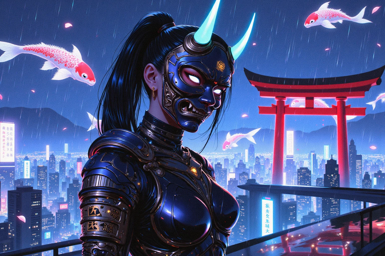 A breathtaking, ultra-detailed close-up of a cyberpunk kunoichi with striking, glowing white eyes, their eerie radiance resembling the hypnotic shimmer of a neon-lit Tokyo night. Her flawless, porcelain-like face is an exquisite blend of **beauty and danger**, framed by sleek, electric-blue hair flowing into an elegant high ponytail. She gazes directly at the viewer with an intense, almost hypnotic expression, exuding confidence and mystery.
A large, intricately designed **hannya mask** rests on the side of her head, covering half of her face. Its digital surface flickers between transparency and a menacing demonic visage, shifting between ancient folklore and futuristic technology. The mask's neon-lit horns pulse faintly, as if infused with hidden power.
She wears a **high-tech, form-fitting bodysuit** infused with glowing cybernetic elements—crafted from nanofiber plating yet textured like woven silk. Luminous patterns resembling ancient **Japanese calligraphy** flow across her sleeves, dynamically shifting between protective spells and encoded messages. A **cybernetic samurai-style shoulder guard**, engraved with golden circuitry, glows subtly against the neon haze. Her left arm is fully cybernetic, constructed from **obsidian-black alloy**, its sleek, mechanical fingers adorned with glowing kanji tattoos symbolizing strength and resilience.
She stands **facing forward** on a sleek, rain-slicked rooftop in **Neo-Tokyo**, her glowing armor bathed in the radiant hues of holographic billboards behind her. Towering red **torii gates**, repurposed as neon-lit entryways to digital shrines, cast an ethereal glow through the foggy skyline. Enormous holographic **koi fish** glide gracefully in the distance, swimming through cascading rivers of **data streams** projected from floating megastructures.
A gentle rain falls over the **cybernetic metropolis**, each droplet catching the neon glow before vanishing into the slick rooftop, forming a **dreamlike cybernetic ukiyo-e painting**. **Bioluminescent cherry blossom petals** drift through the air, illuminated by the city’s vibrant neon pulse. Her smirk is subtle yet commanding—a silent promise of **unmatched skill and power** in the underworld of this digital dystopia.
A stunning fusion of **traditional Japanese aesthetics and cyberpunk futurism**, captured in **ultra-detailed, hyper-realistic 8K resolution**. **Cinematic lighting, neon-drenched atmosphere, breathtaking visuals, infused with deep Japanese cyberpunk lore.**
Art in the style of Yomu_Yakadashi.
EpicGorgeousDetails, cinna flow, 8k detailed neon themed digital illustration style, 8uartz4r4