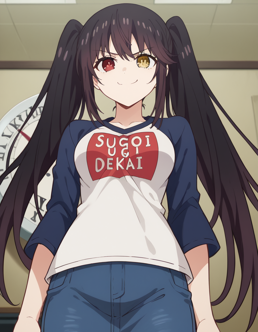 score_9, score_8_up, score_7_up, source_anime, kurumitokisaki, <lora:kurumi-tokisaki-s4s5-ponyxl-lora-nochekaiser:1>, kurumi tokisaki, black hair, red eyes, long hair, twintails, yellow eyes, heterochromia, clock eyes, medium breasts,, <lora:sugoi-dekai-ponyxl-lora-nochekaiser:1>, sugoi dekai, clothes writing, raglan sleeves, t-shirt, denim, denim skirt,, indoors, smile, smug,, cowboy shot, dutch angle,