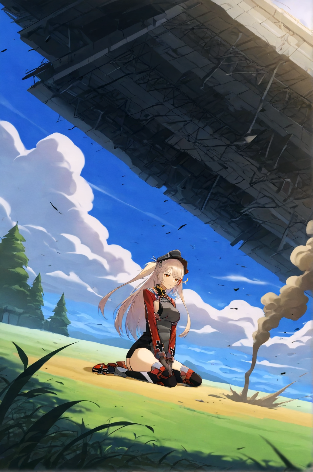 masterpiece, best quality, dark grey background, indoors, cinematic lighting, lens flare, flying debris, dust, smoke, amazing quality, very aesthetic, absurdres, best quality, newest, year 2023,  Prinz Eugen, Main Outfit, cloud, day, grass, nature, outdoors, sitting, sky, solo, tree, wariza  <lora:JN_Prinz_Eugen_Illus:0.8>