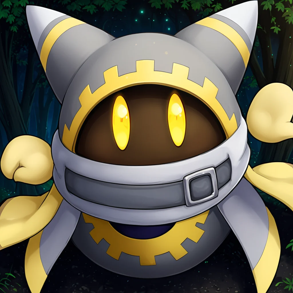 cute forest, <lora:Magolor:1> magolor, grey outfit, solo, yellow eyes, no humans,belt, cape, glowing eyes, looking at viewer, glowing, buckle, (anime, masterpiece, intricate:1.3), (best quality, hires textures, high detail:1.2), (4k),(incredibly detailed:1.4),UHD, 8K, ultra detailedâââ