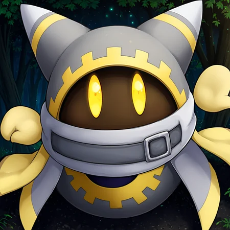 cute forest, <lora:Magolor:1> magolor, grey outfit, solo, yellow eyes, no humans,belt, cape, glowing eyes, looking at viewer, glowing, buckle, (anime, masterpiece, intricate:1.3), (best quality, hires textures, high detail:1.2), (4k),(incredibly detailed:1.4),UHD, 8K, ultra detailedâââ