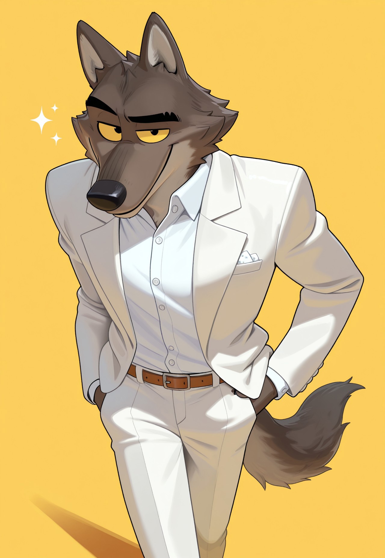 masterpiece, best quality,amazing quality, intricate details, dynamic angle, walking, yellow background, white sparkles around him, solo, MrWolf, wolf, yellow sclera, black eyes, Suit-Shirt, White Shirt, Suit-Pants, belt, male, mature, one hand in pocket, one arm by side, looking at viewer, smug, tail