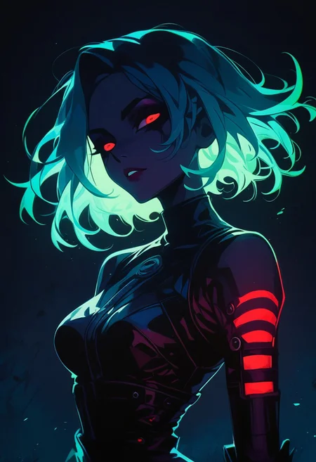 score_9, score_8_up, score_7_up, score_6_up, NLSTN, 1girl, red eyes, black background, 1girl, dark, black bodysuit, suggestive pose, dynamic pose, moonlight, perfect female waist, halftone lighting, makeup, eyeliner, eyeshadow, mascara, glowing, dark