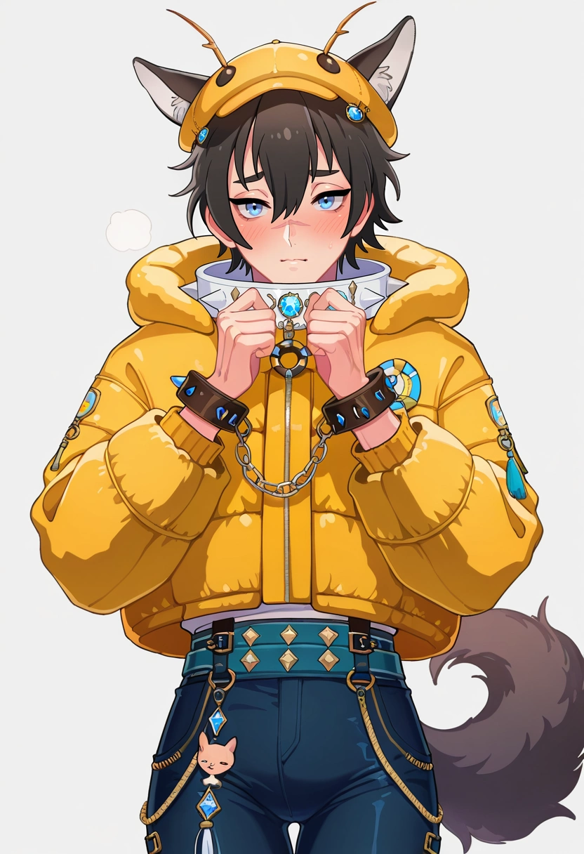 masterpiece, best quality, intricate details, (realistic:0.6), looking at viewer, , 1boy, solo, male focus, <lora:garu_nu_carnival_ilxl:0.98>, garu_nu_carnival, black hair, blue eyes, short hair, animal ears, scar, hair between eyes, , wolf boy, wolf ears, tail, , Sateen Blush Cuffed pants, Puffer jacket, , Cricket hat,