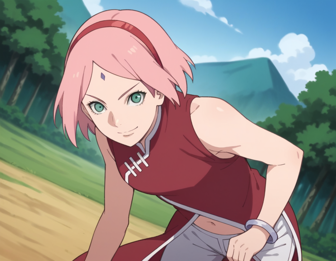 score_9, score_8_up, score_7_up, source_anime,
sakuraharuno, <lora:sakura-haruno-boruto-anime-ponyxl-lora-nochekaiser:1>,
sakura haruno, short hair, green eyes, pink hair, hairband, facial mark, forehead mark, red hairband,
navel, bare shoulders, jewelry, sleeveless, pants, bracelet, dress, red dress,
outdoors, landscape, bent over, smile,
solo, dutch angle, looking at viewer, cowboy shot,