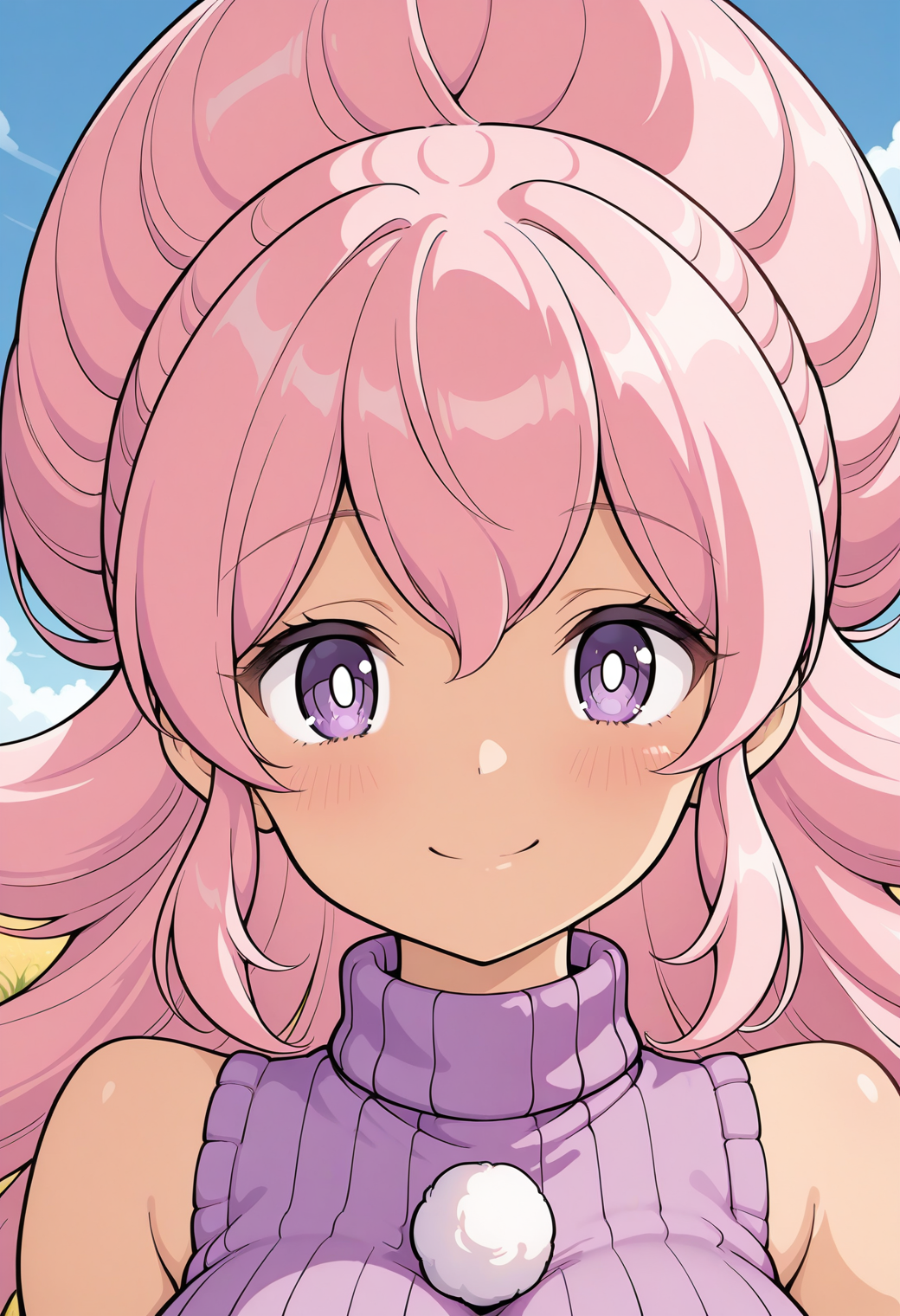 mochiko, white pupils purple eyes, pink hair, long hair, wristband, bare shoulders, sleeveless, sweater dress, ribbed sweater, turtleneck, <lora:mochiko_illustrious_ver1:0.8> 
smile,, masterpiece, best quality, general,, 1girl, solo, (field:1.2), (blue sky:1.2), looking at viewer,, (upper body:1.2), (close-up:1.2), (facing viewer:1.2), (open eyes:1.4), (portrait:1.2)