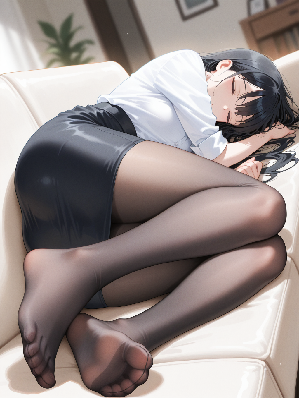 1girl,feet focus,black pantyhose,lying on couch,black \(pencil skirt\),black long hair,white long sleeved shirt,sleeves rolled up,on side,indoor,living_room,full_body,perspective,frottage,film grain,(watercolor pencil),dutch angle,masterpiece,best quality,amazing quality,depth of field,blurry background,no lineart,eyes_closed,<lora:blackpantyhoseV6:1>,