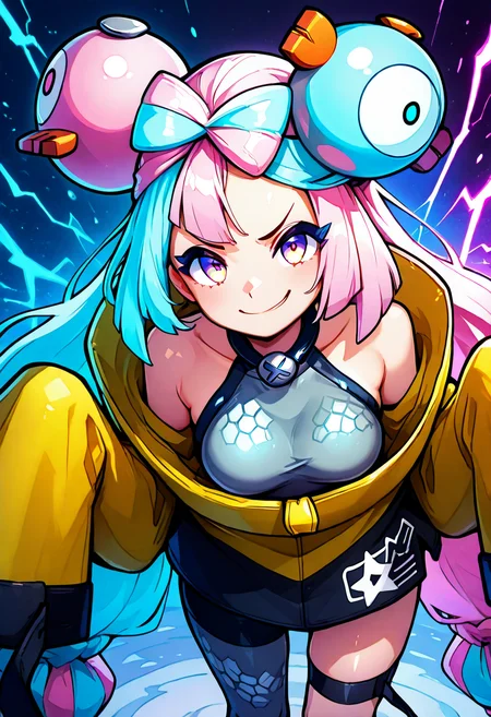 masterpiece, best quality, medium breasts, (curvy), cute, eyelashes, shiny skin, vivid colors, zzIono, solo, 1girl, long hair, pink eyes, blue hair, pink hair, light blue hair, multicolored hair, bow-shaped hair, yellow jacket, sleeves past fingers, single leg pantyhose, thigh strap, smile, smug, electricity, blue electricity, pink electricity, excessive energy, abstract background, white outline, <lora:IonoPokemon_NAI:1.0>, <lora:EnergyCAT_NAI:0.8>,