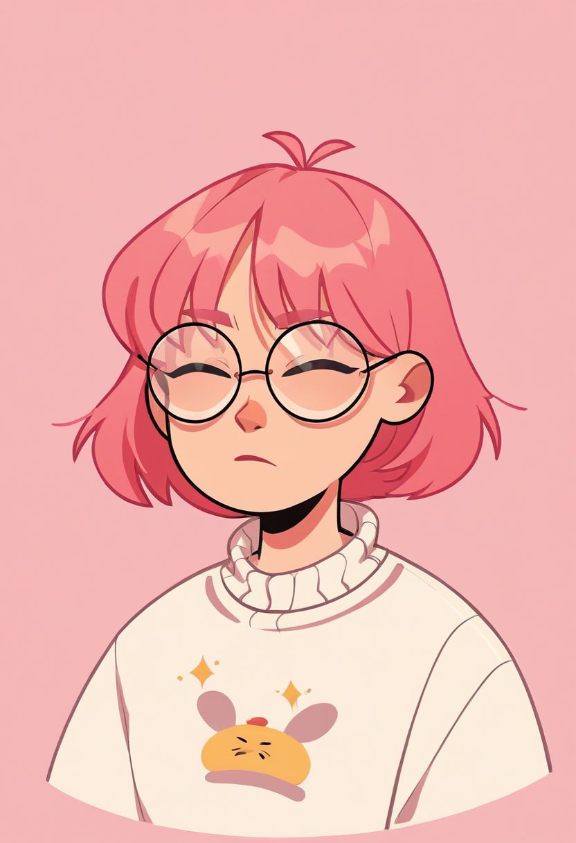 2zdxxps, 1girl, solo, glasses, simple background, pink background, short hair, closed eyes, upper body, pink hair, sweater, shirt, round eyewear, 2 dimensional, flat color, cel shading, source_cartoon, vector art, score_9, score_8_up,