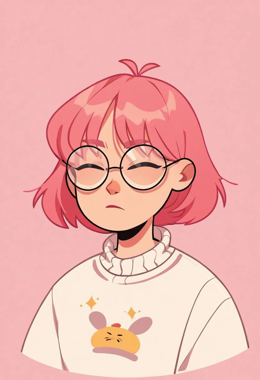2zdxxps, 1girl, solo, glasses, simple background, pink background, short hair, closed eyes, upper body, pink hair, sweater, shirt, round eyewear, 2 dimensional, flat color, cel shading, source_cartoon, vector art, score_9, score_8_up,