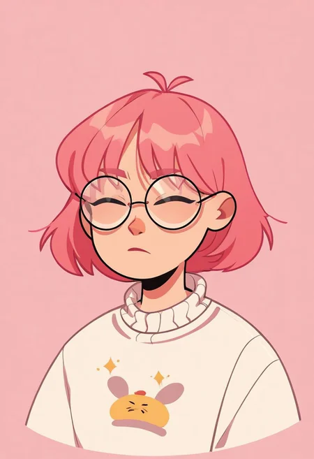 2zdxxps, 1girl, solo, glasses, simple background, pink background, short hair, closed eyes, upper body, pink hair, sweater, shirt, round eyewear, 2 dimensional, flat color, cel shading, source_cartoon, vector art, score_9, score_8_up,